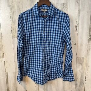 Express Men's Blue Gingham Fitted Dress Shirt Button Up Size M 15 15 1/2"